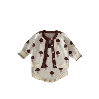 Knitted Cotton Sweater Mushroom Jacquard Coat Romper Two-piece Set