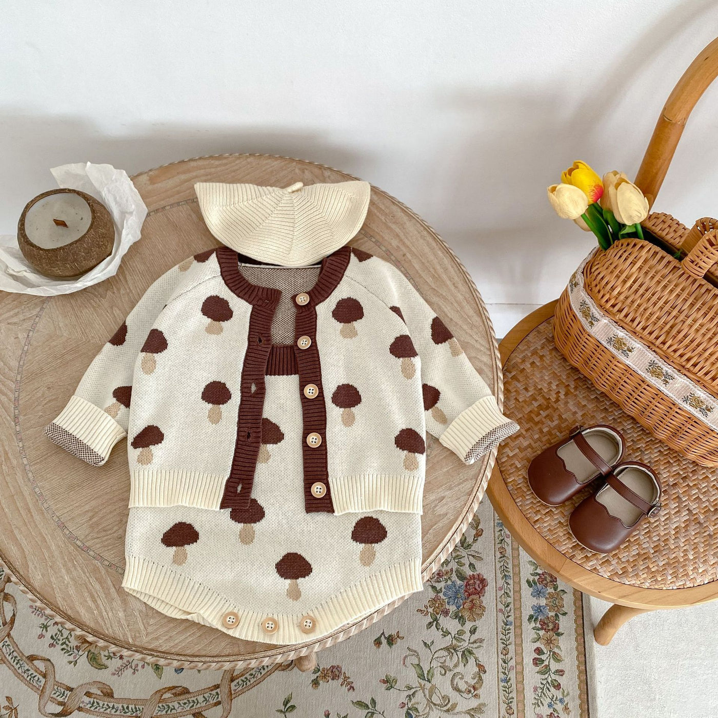 Knitted Cotton Sweater Mushroom Jacquard Coat Romper Two-piece Set