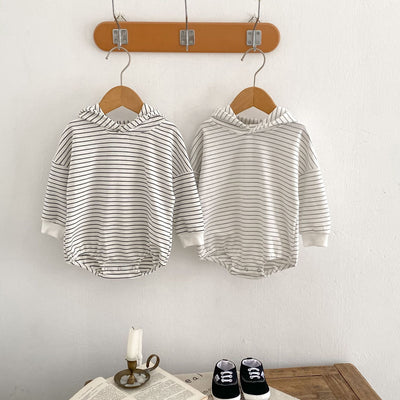 Infants Pinstripe Hooded Sweater Romper Jumpsuit