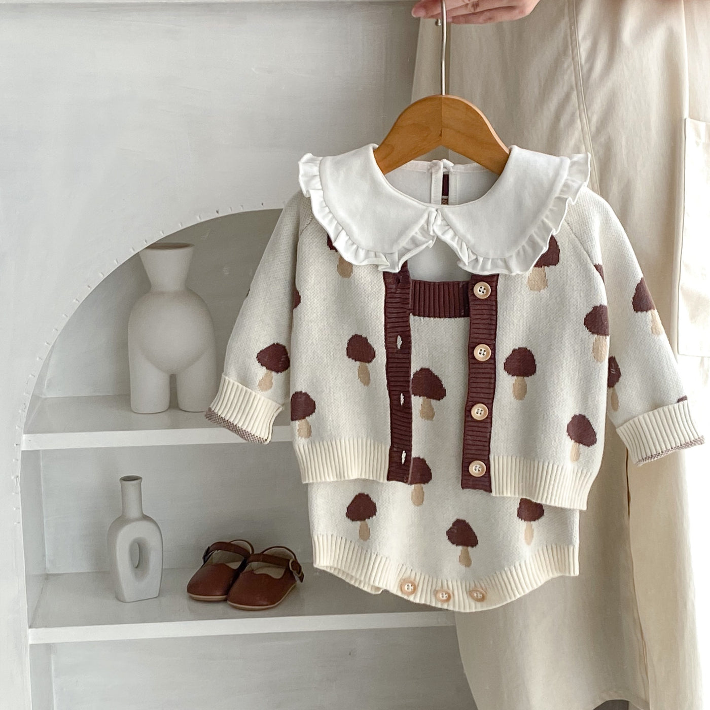Knitted Cotton Sweater Mushroom Jacquard Coat Romper Two-piece Set