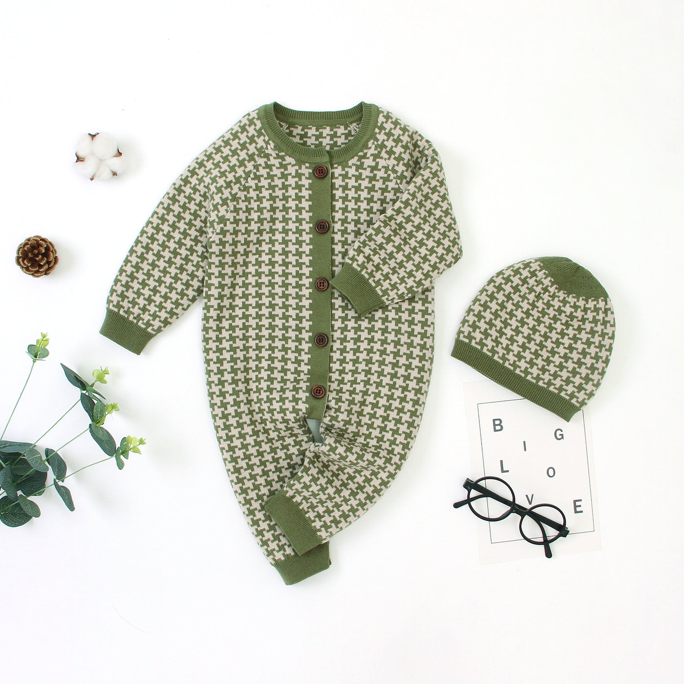 Knitted sweater cotton one-piece romper warm hat
