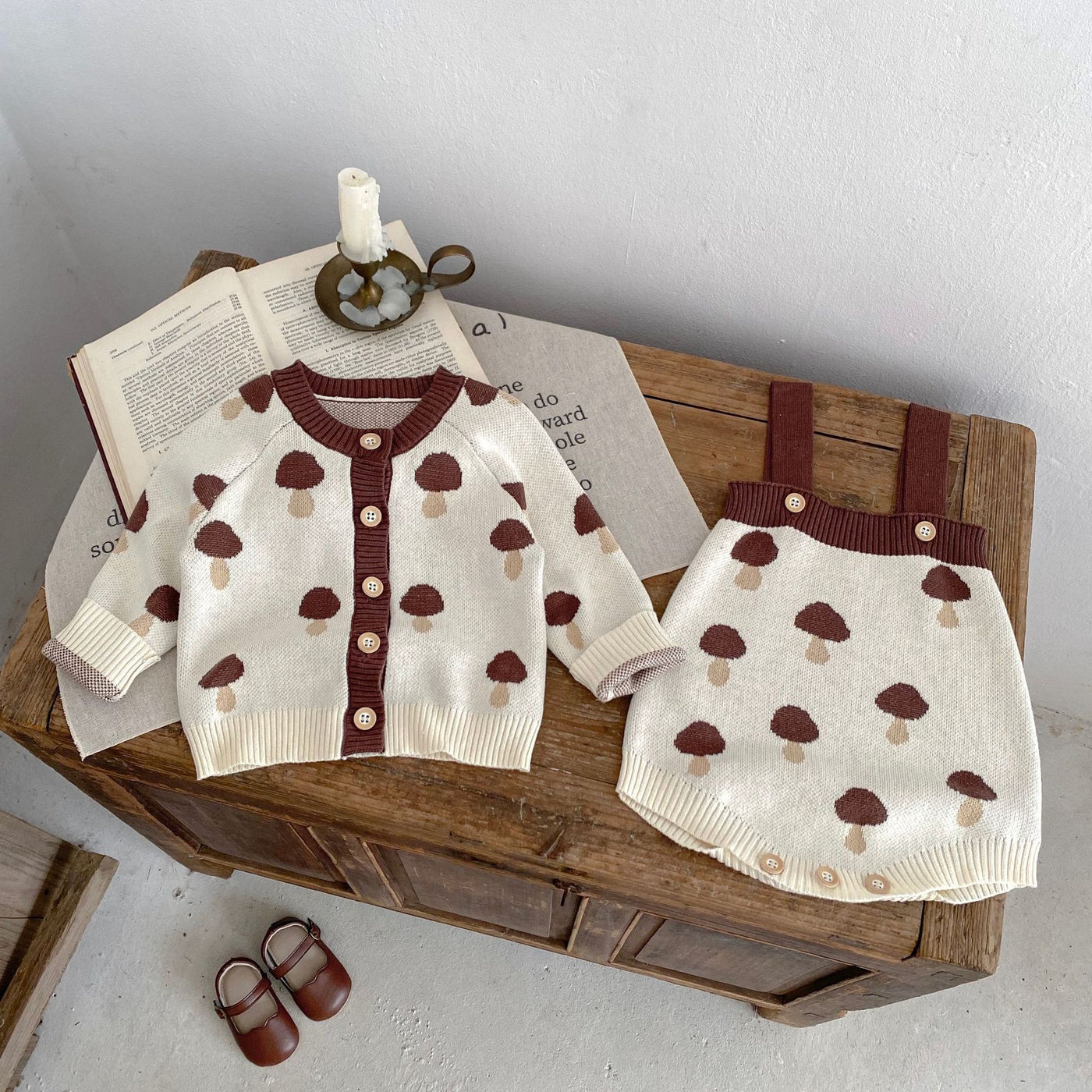 Knitted Cotton Sweater Mushroom Jacquard Coat Romper Two-piece Set